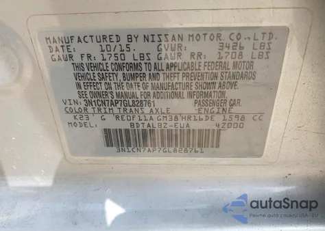 2016 Nissan Versa 1.6 S/1.6 S+/1.6 Sl/1.6 Sv из США, поврежденный, VIN 3N1CN7AP7GL828761